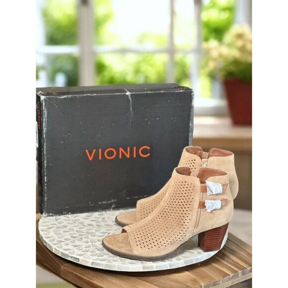 Vionic Aloft Chryssa Orthotic Booties Women’s 9.5 Peep Toe Block Heel Shoes - Picture 6 of 13